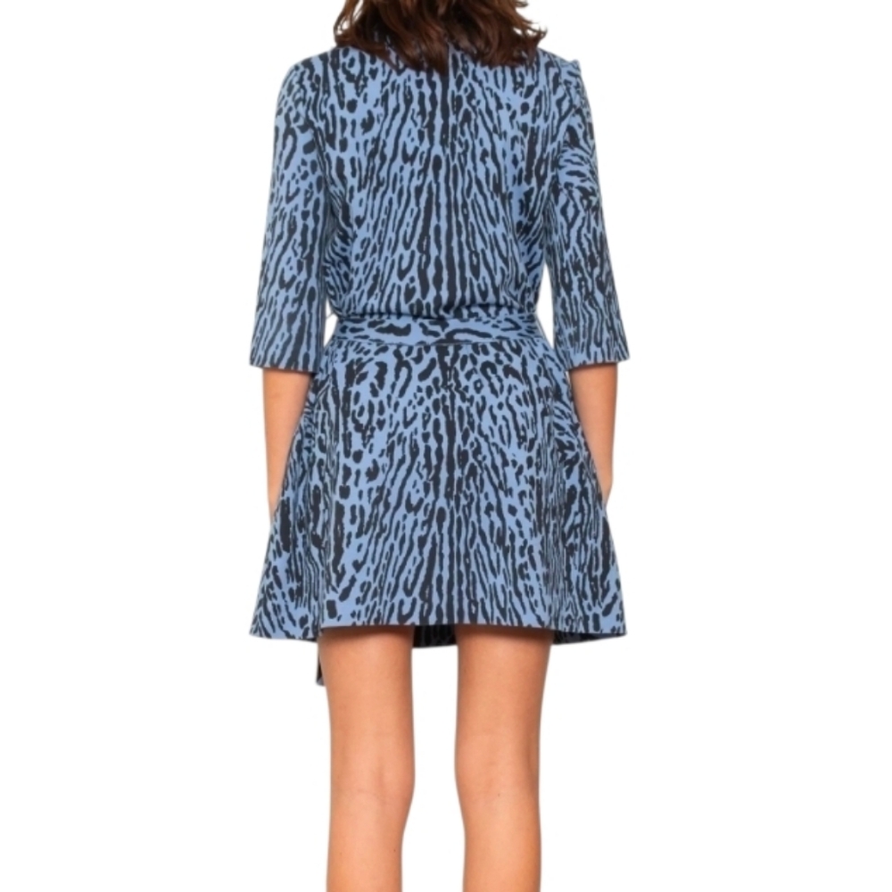 Maje Blue Black Animal Print Short Sleeve Mini Belted Dress Small - Picture 2 of 16